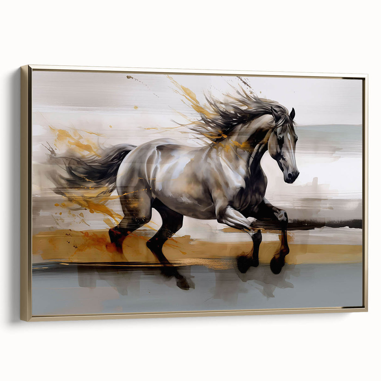 Framed wall art showcasing an abstract design with gold strokes and lines, set against a neutral background, perfect for modern decor.