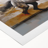 Abstract wall art design showcasing vibrant strokes and lines in shades of blue, orange, and yellow on rolled canvas, ideal for modern decor.