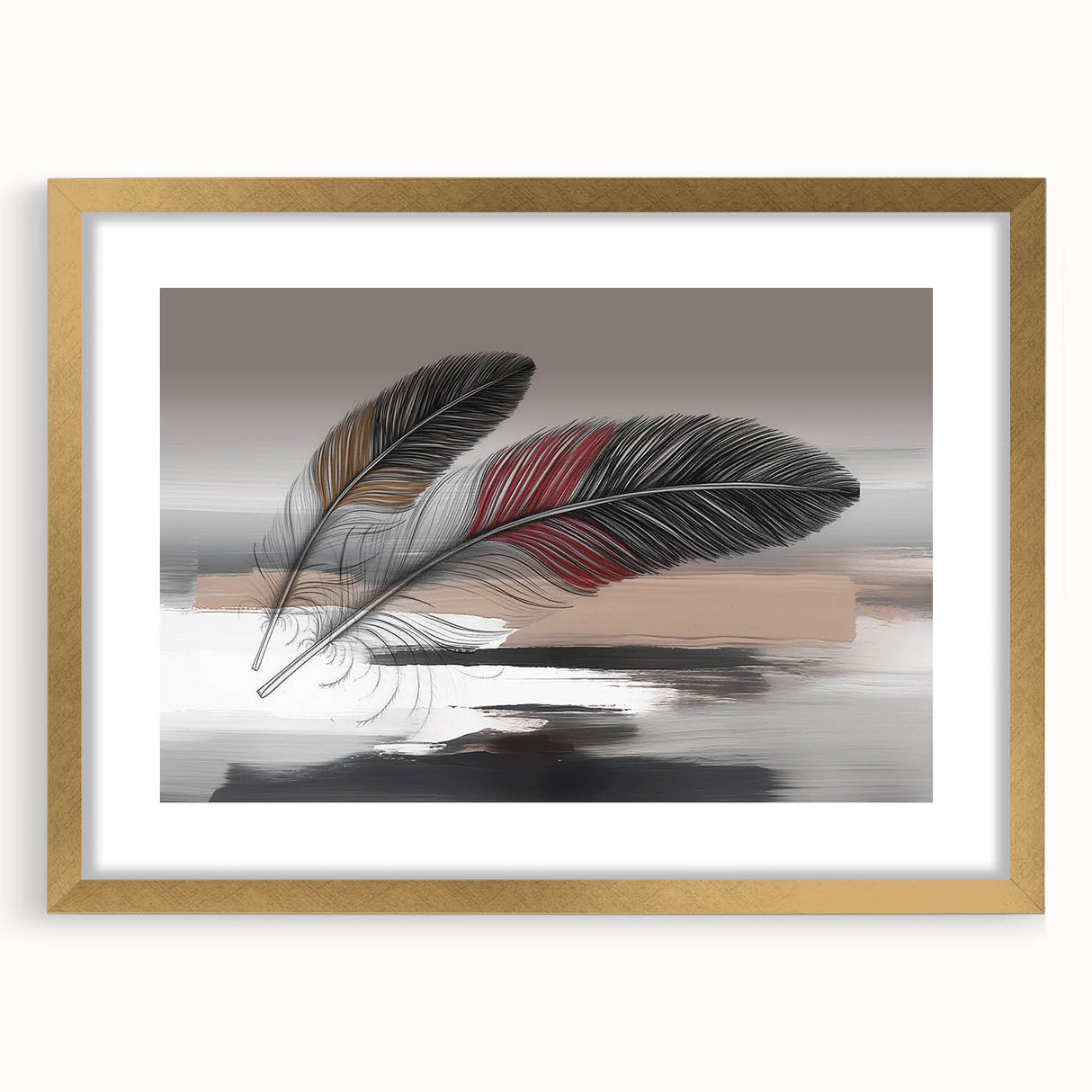 Abstract wall art featuring elegant strokes and lines in gold, framed with a mat, highlighting a modern aesthetic suitable for contemporary decor.