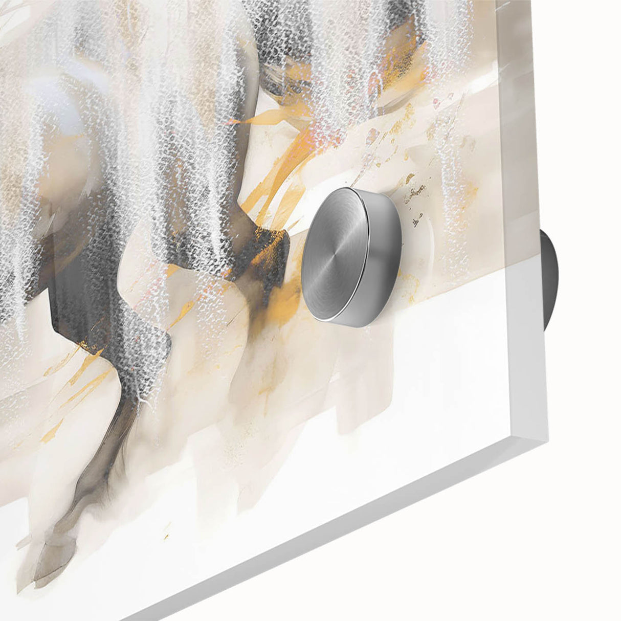Abstract wall art featuring dynamic strokes and lines in vibrant hues of blue, orange, and yellow. This acrylic glass piece adds a modern touch to any decor.
