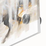 Abstract wall art featuring dynamic strokes and lines in vibrant hues of blue, orange, and yellow. This acrylic glass piece adds a modern touch to any decor.