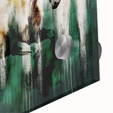 Close-up view of an abstract wall art design featuring vibrant strokes and lines in shades of blue, green, and gold, ideal for modern home decor and artistic interiors.