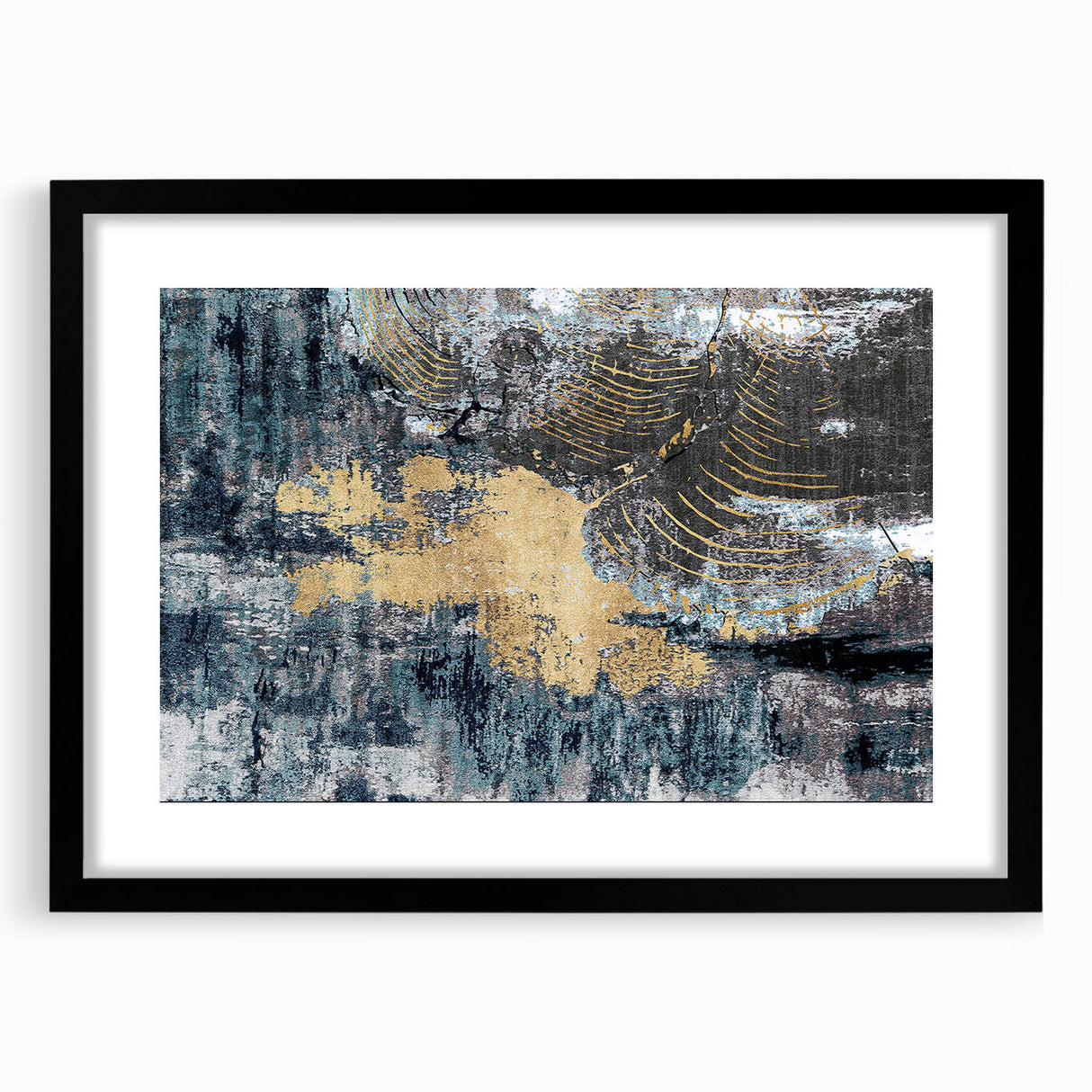 Abstract wall art piece showcasing a modern design with dynamic black strokes and lines in a framed format, perfect for contemporary home decor.