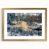 Abstract wall art featuring vibrant strokes and lines in gold and neutral tones, elegantly framed with a mat, ideal for modern home decor.