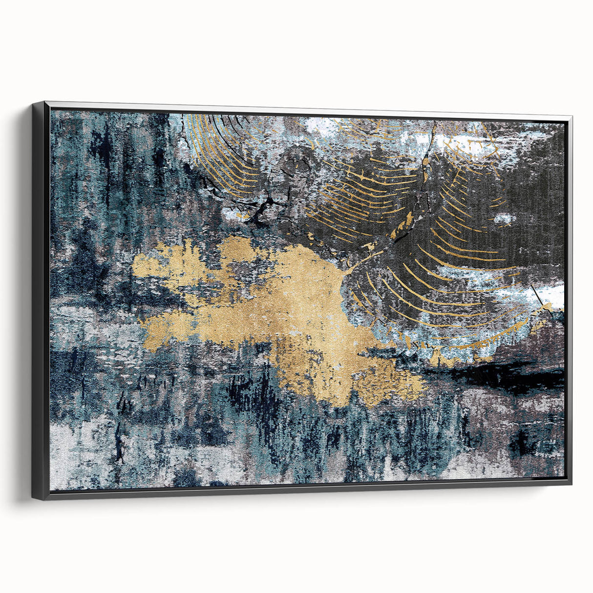 Framed wall art featuring an abstract design of colorful strokes and lines on a black background, showcasing modern aesthetics and vibrant contrast. Ideal for contemporary decor.