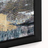 Framed canvas wall art showcasing an abstract design of colorful strokes and lines, emphasizing vibrant hues of blue, orange, and yellow, ideal for modern decor.