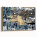 Framed canvas wall art showcasing an abstract design with gold strokes and lines, elegantly displayed from a side angle, ideal for modern decor.