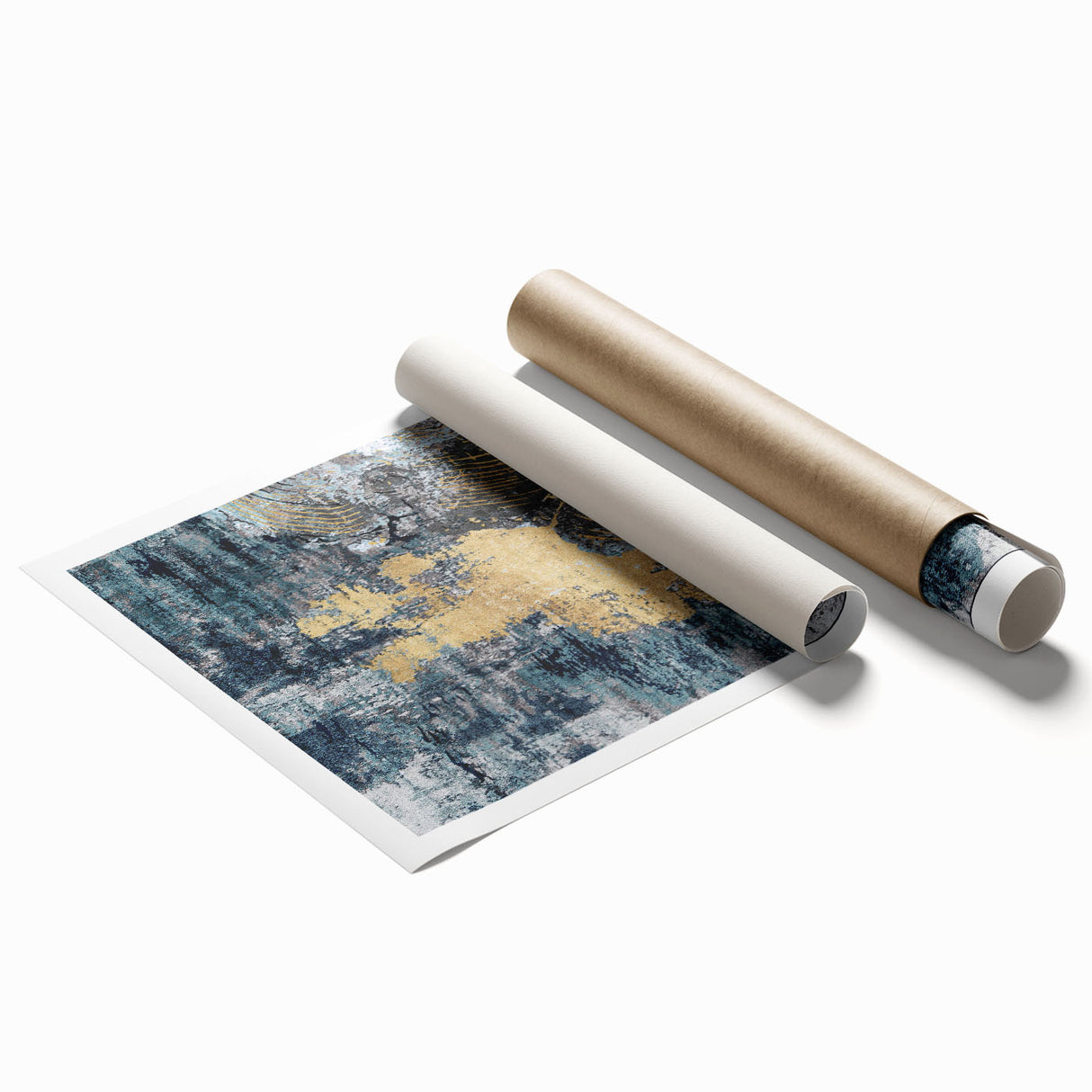 Abstract wall art print featuring vibrant strokes and lines in a dynamic color palette, ideal for modern home decor. The rolled print is packaged securely for delivery.