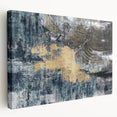 Abstract wall art featuring vibrant strokes and lines in rich hues of blue, orange, and gold, displayed on a stretched canvas, showcasing a contemporary design perfect for modern decor.
