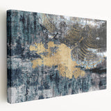 Abstract wall art featuring vibrant strokes and lines in rich hues of blue, orange, and gold, displayed on a stretched canvas, showcasing a contemporary design perfect for modern decor.
