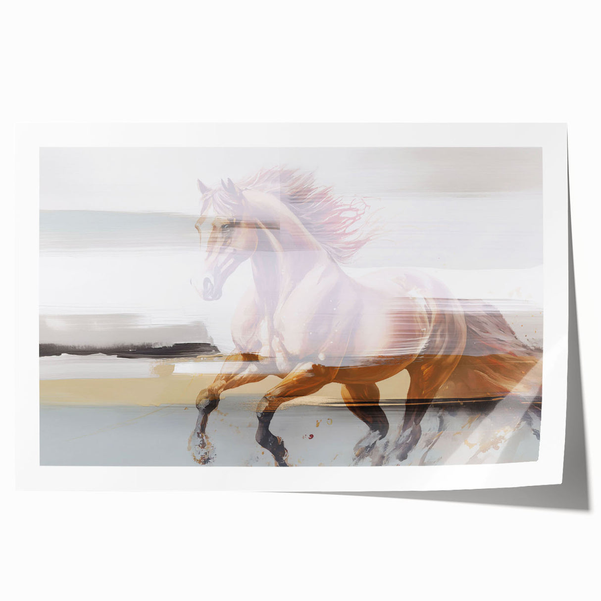 Abstract wall art print showcasing dynamic strokes and lines in vibrant shades of blue, pink, and gold, ideal for modern home decor or gallery settings.
