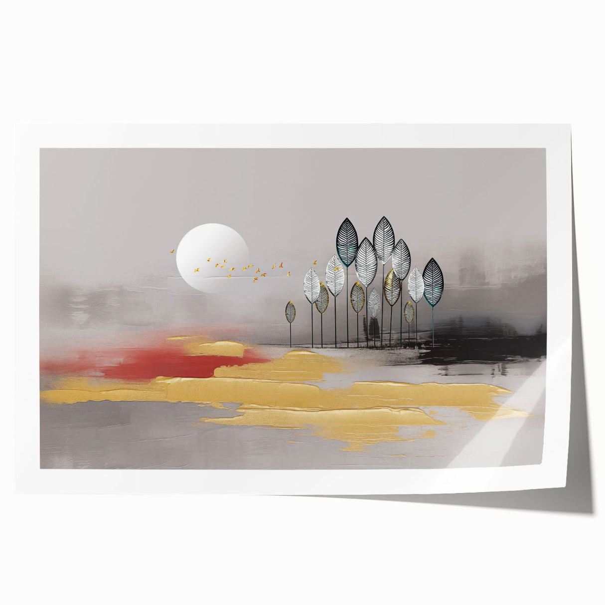 Abstract wall art print featuring vibrant strokes and lines in shades of blue, gold, and green, perfect for modern home decor. Ideal for adding a splash of color to any room.