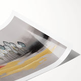 Abstract wall art print showcasing vibrant strokes and lines in shades of blue, orange, and yellow, designed to enhance modern interiors and evoke creativity.