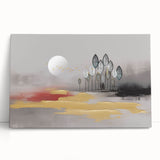 Abstract strokes and lines design on a stretched canvas wall art piece, showcasing a vibrant color palette of blues, yellows, and greys, perfect for modern decor.