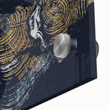 Abstract wall art design featuring vibrant strokes and lines in shades of blue, orange, and yellow. The close-up showcases the glossy acrylic glass finish, emphasizing the intricate details and modern aesthetic, perfect for contemporary home decor.