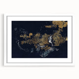 Abstract wall art featuring colorful strokes and lines in a modern design, framed with a white mat, ideal for contemporary home decor or art collection.