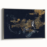 Framed wall art featuring an abstract design of dynamic strokes and lines in silver tones, displayed in a stylish side view, perfect for modern home decor.