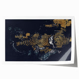 Abstract wall art print showcasing vibrant strokes and lines in shades of blue, orange, and yellow, perfect for modern home decor or office space.