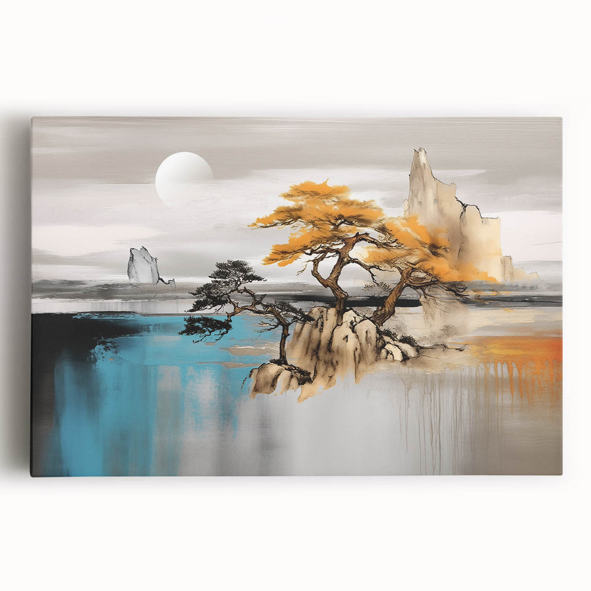 Abstract canvas wall art featuring vibrant strokes and lines in blue, orange, and yellow, perfect for modern home decor and artistic expression. This piece adds a dynamic touch to any interior space, enhancing visual interest with its unique design and color palette.