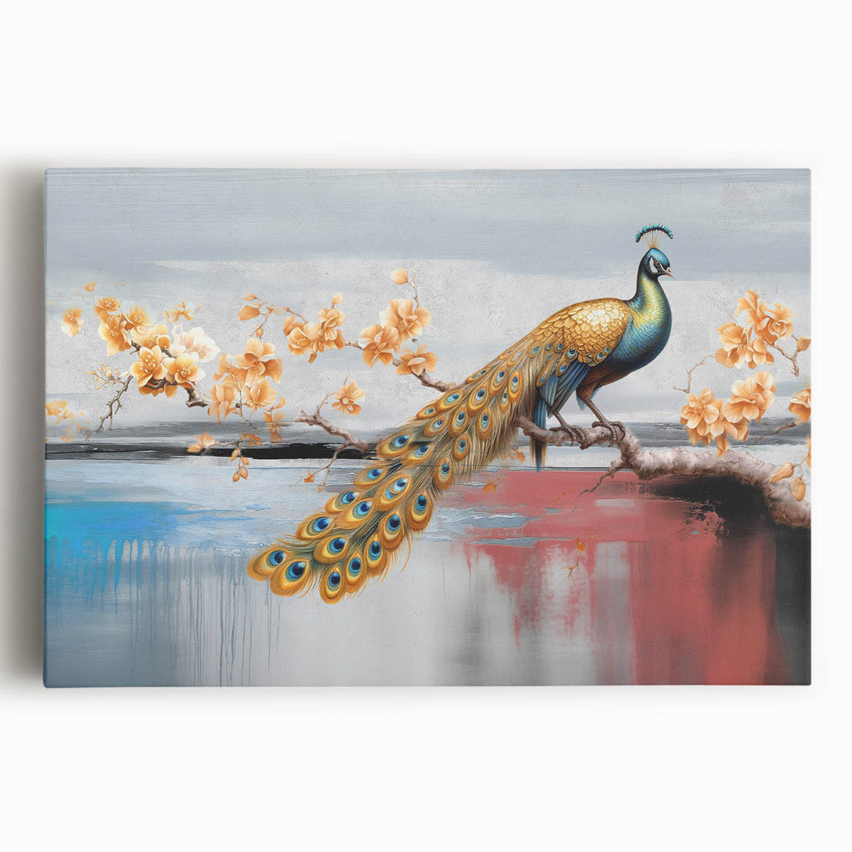 Abstract canvas wall art showcasing vibrant strokes and lines in a blend of blue, orange, and yellow hues, perfect for modern home décor.