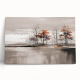 Abstract wall art featuring vibrant strokes and lines in shades of blue, orange, and yellow, printed on a stretched canvas, leaning against a neutral wall.