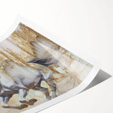 Abstract wall art print showcasing vibrant strokes and lines in shades of blue, orange, and yellow, ideal for modern home decor and artistic interiors.