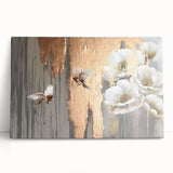 Abstract wall art featuring dynamic strokes and lines in vibrant colors, showcasing a modern design perfect for contemporary home decor. The stretched canvas leans against a neutral background, emphasizing its artistic flair and versatility in interior settings.