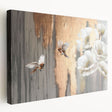 Side view of a stretched canvas featuring an abstract strokes and lines design in vibrant colors, perfect for modern home decor or art collection display.