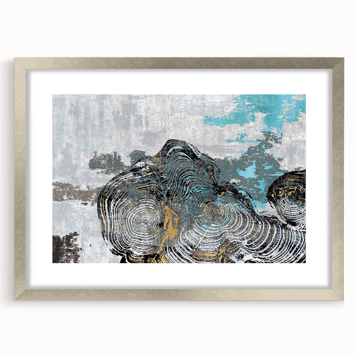 Abstract wall art print showcasing dynamic strokes and lines in various shades of gray, framed in a sleek silver finish, perfect for modern decor.