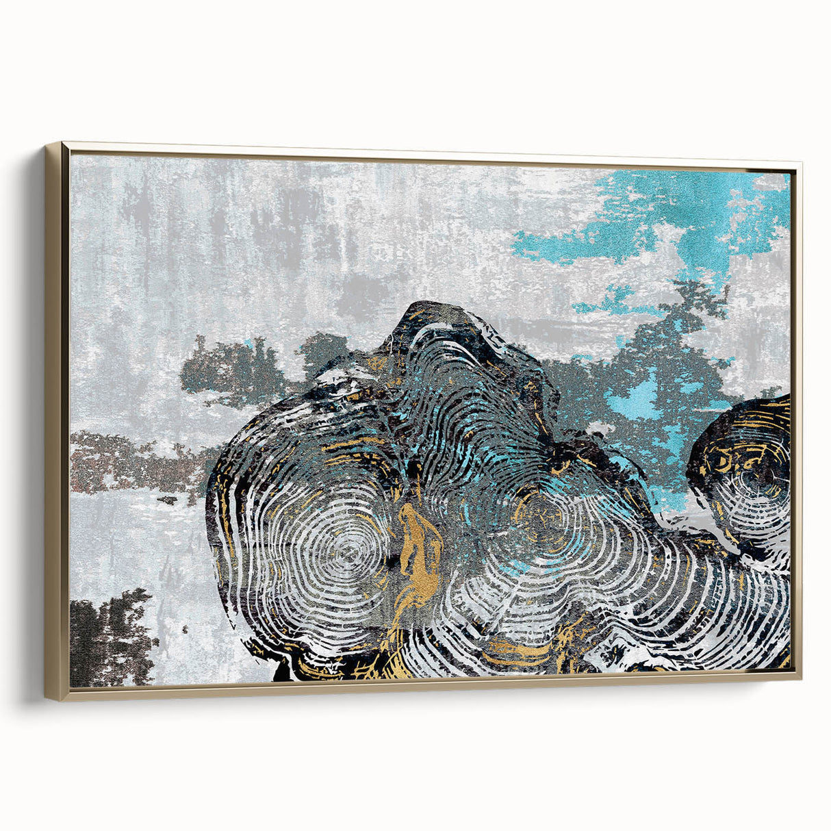 Framed canvas wall art showcasing a modern abstract design with gold strokes and lines, adding elegance to any decor. Perfect for contemporary interiors.