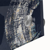 Close-up of an abstract wall art piece featuring colorful strokes and lines, designed with acrylic glass for a modern aesthetic. Ideal for contemporary home decor.