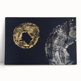 Abstract wall art featuring vibrant strokes and lines in shades of blue, orange, and gold, showcased on a stretched canvas, perfect for modern home decor.