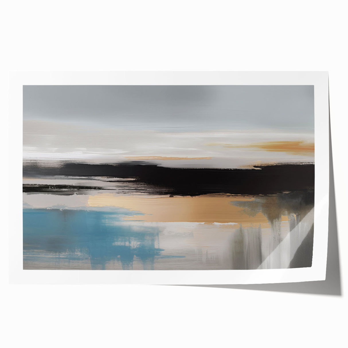 Abstract wall art design featuring vibrant strokes and lines in shades of blue, orange, and beige, perfect for modern home decor. Ideal for enhancing living spaces.