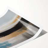 Abstract wall art print featuring vibrant strokes and lines in shades of blue, orange, and yellow, perfect for modern home decor; rolled for easy shipping.