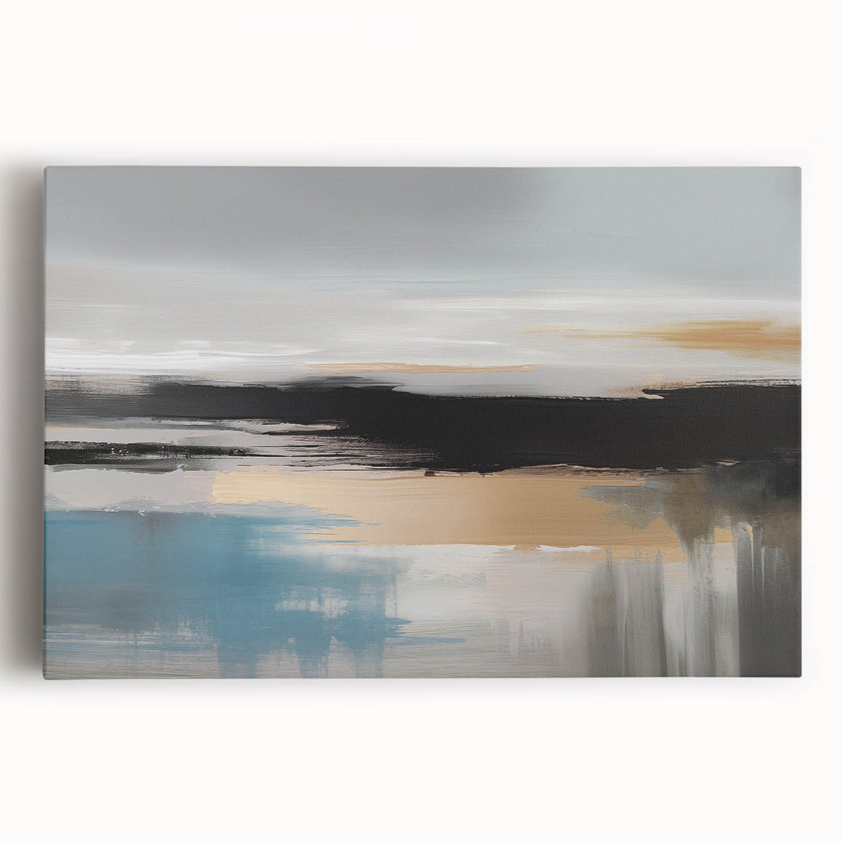 Abstract wall art featuring vibrant strokes and lines in shades of blue, orange, and yellow, elegantly stretched on canvas, ideal for modern decor.