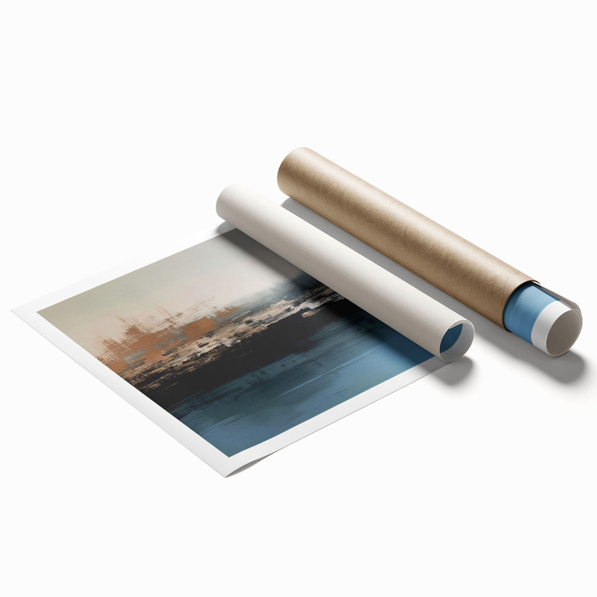 Abstract wall art print showcasing vibrant strokes and lines in shades of blue, orange, and yellow, perfect for enhancing modern interior decor. This rolled design adds a contemporary touch to any space while being easy to frame and display.