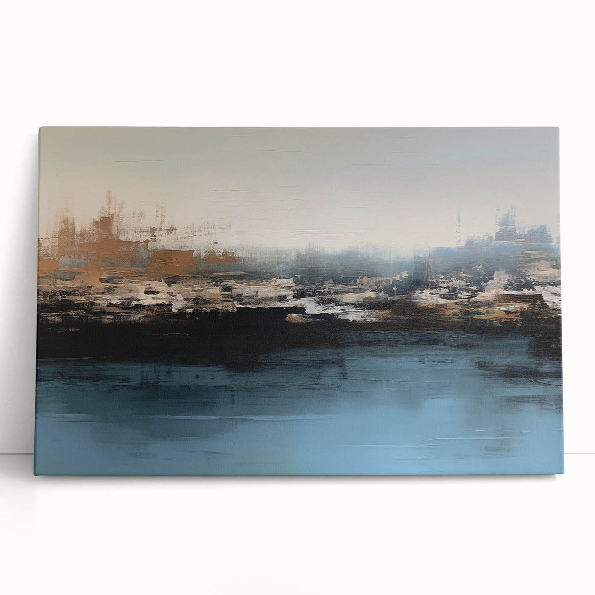 Abstract wall art featuring vibrant strokes and lines in shades of blue, orange, and yellow, showcasing a modern artistic design on stretched canvas, ideal for contemporary decor.