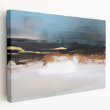 Stretched canvas wall art showcasing an abstract design of colorful strokes and lines, perfect for modern home decor. Side view highlights the canvas texture and frame.