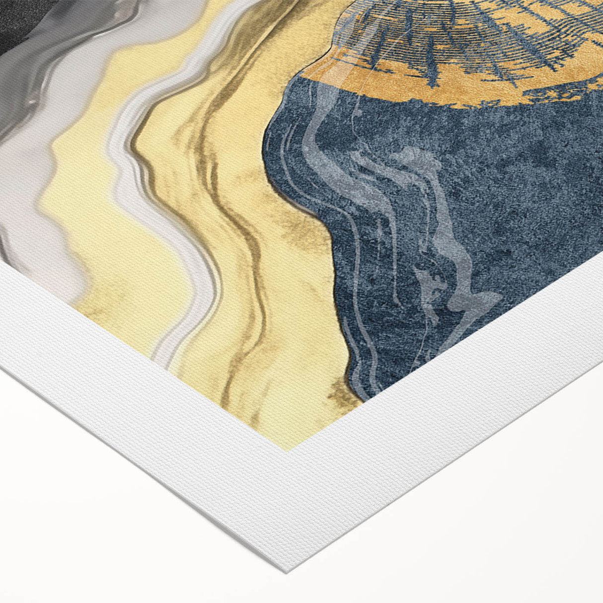 Abstract wall art featuring vibrant strokes and lines in a blend of blue, orange, and yellow hues, printed on rolled canvas for modern home decor.