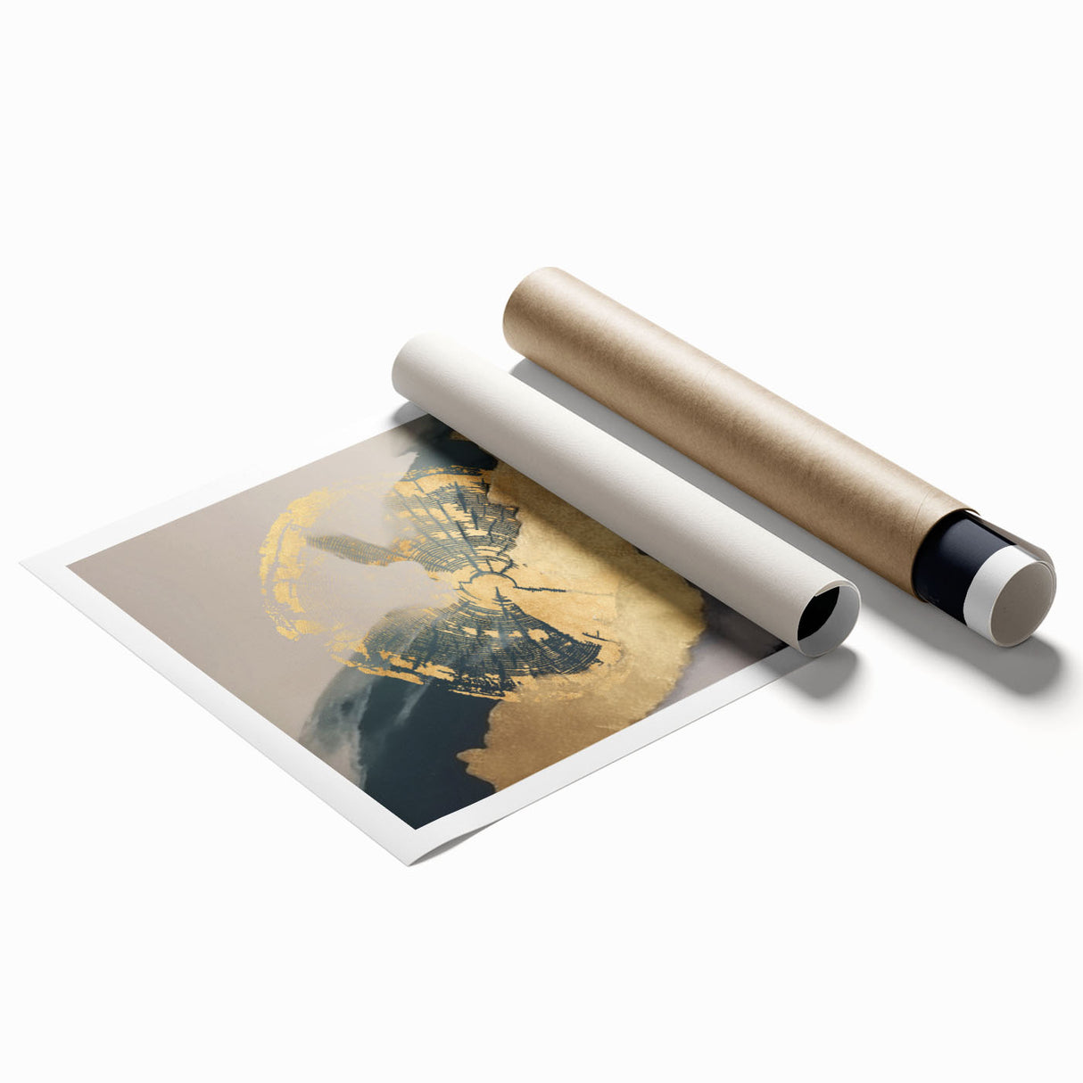 Abstract wall art print showcasing vibrant strokes and lines in shades of blue, yellow, and pink, rolled and ready for display; perfect for modern decor.