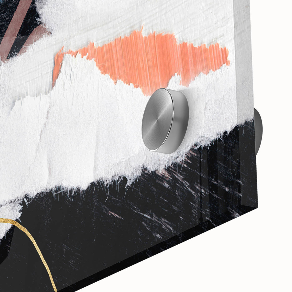 Close-up of an abstract wall art design featuring bold strokes and lines in vibrant colors, showcasing a modern acrylic glass finish ideal for contemporary decor.
