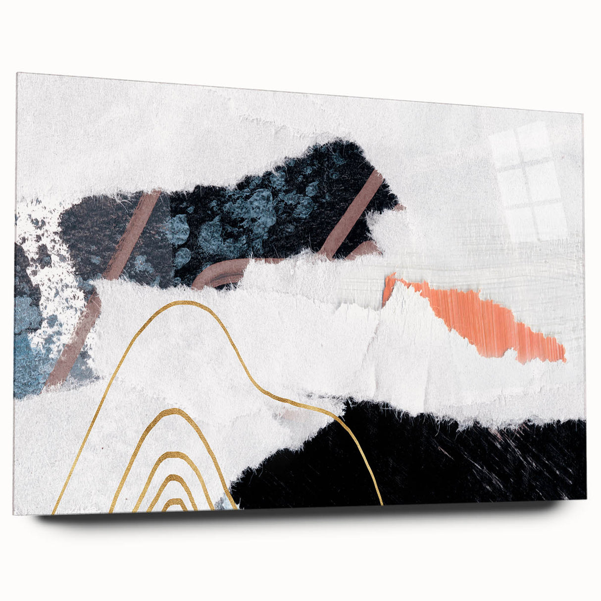 Abstract wall art featuring vibrant strokes and lines in a modern design, presented in a sleek acrylic glass frame, showcasing a side view without pins.