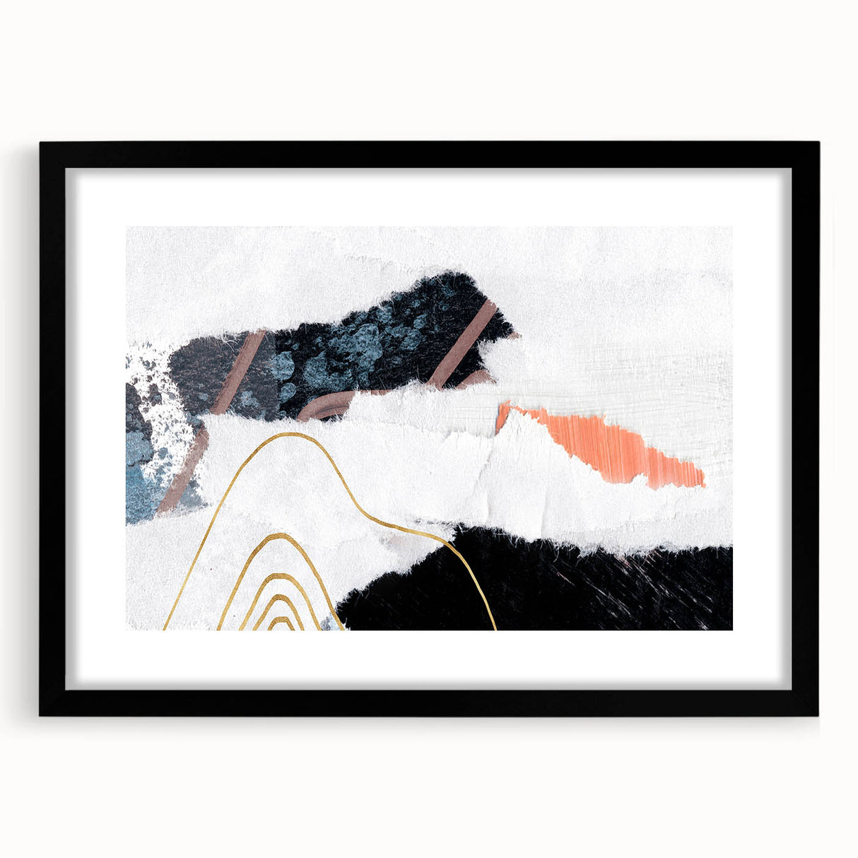 Abstract wall art featuring strokes and lines in a modern design, framed in black with a mat for an elegant presentation, ideal for contemporary decor.