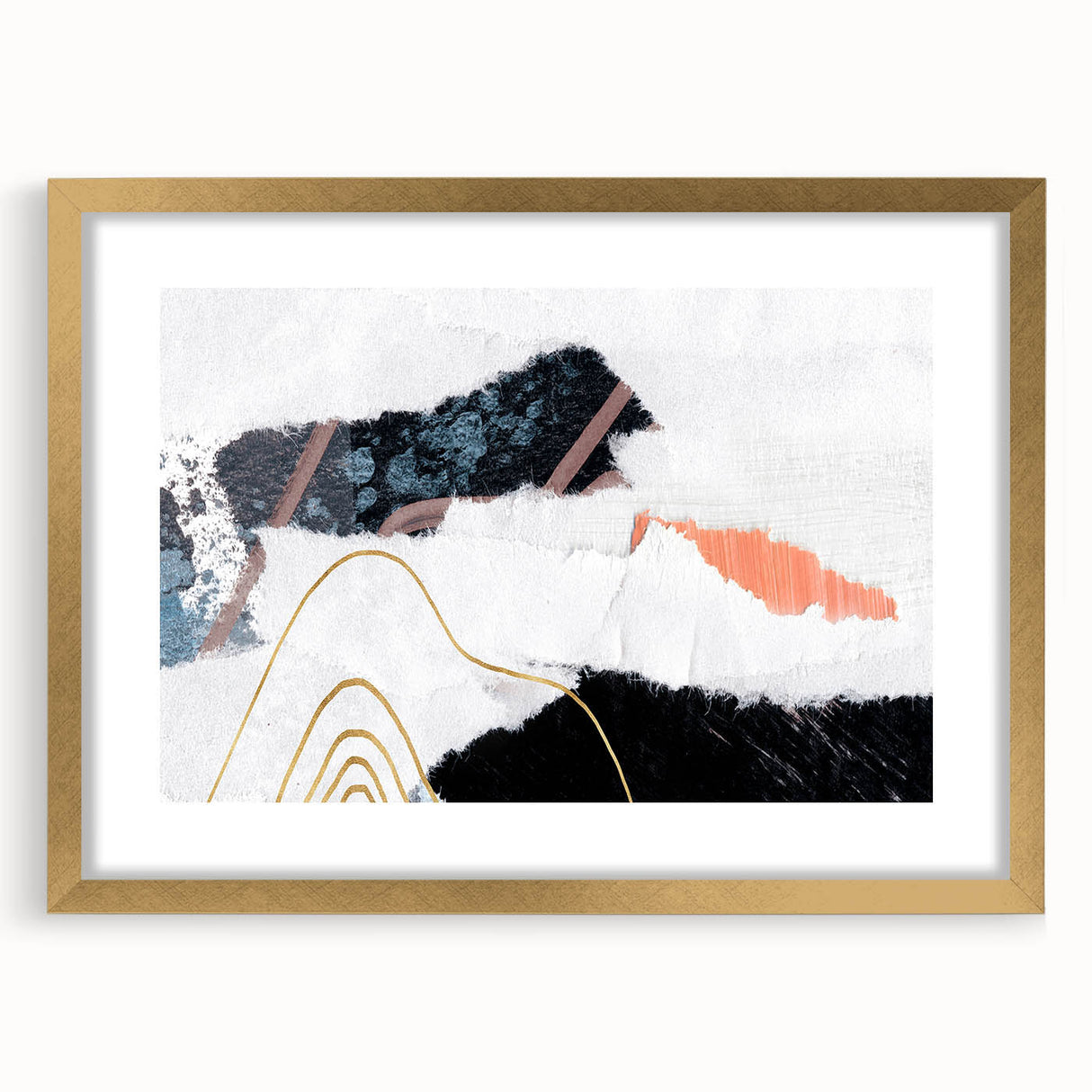 Abstract art print featuring dynamic strokes and lines in a modern design, framed with a gold mat, perfect for contemporary home decor.