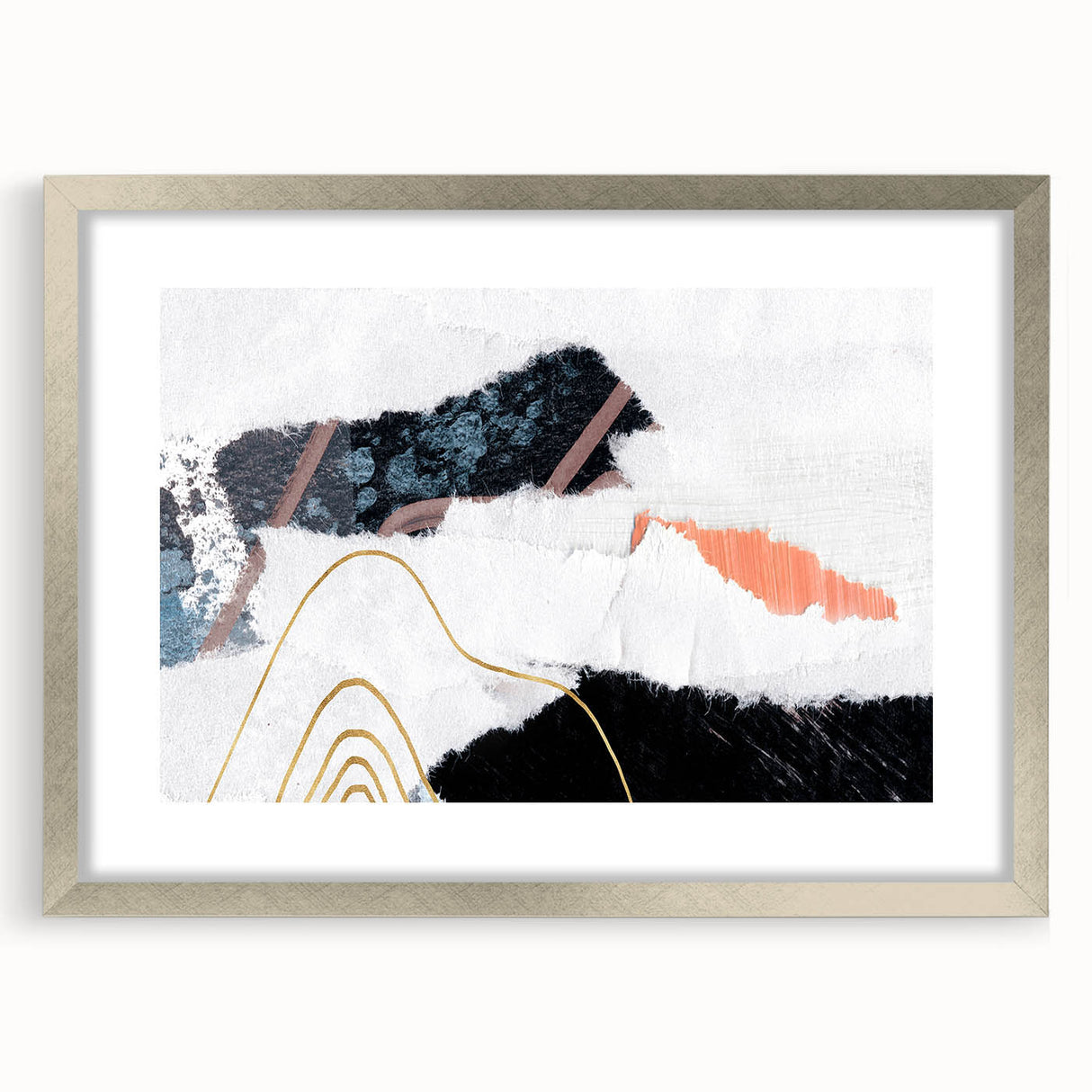 Abstract wall art featuring dynamic strokes and lines, elegantly framed with a silver mat, ideal for modern home decor. This piece adds a contemporary touch to any room, showcasing a harmonious blend of colors and textures.