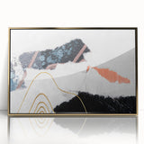 Framed wall art featuring an abstract design with gold strokes and lines on a white background, perfect for modern decor. Ideal for enhancing living spaces.