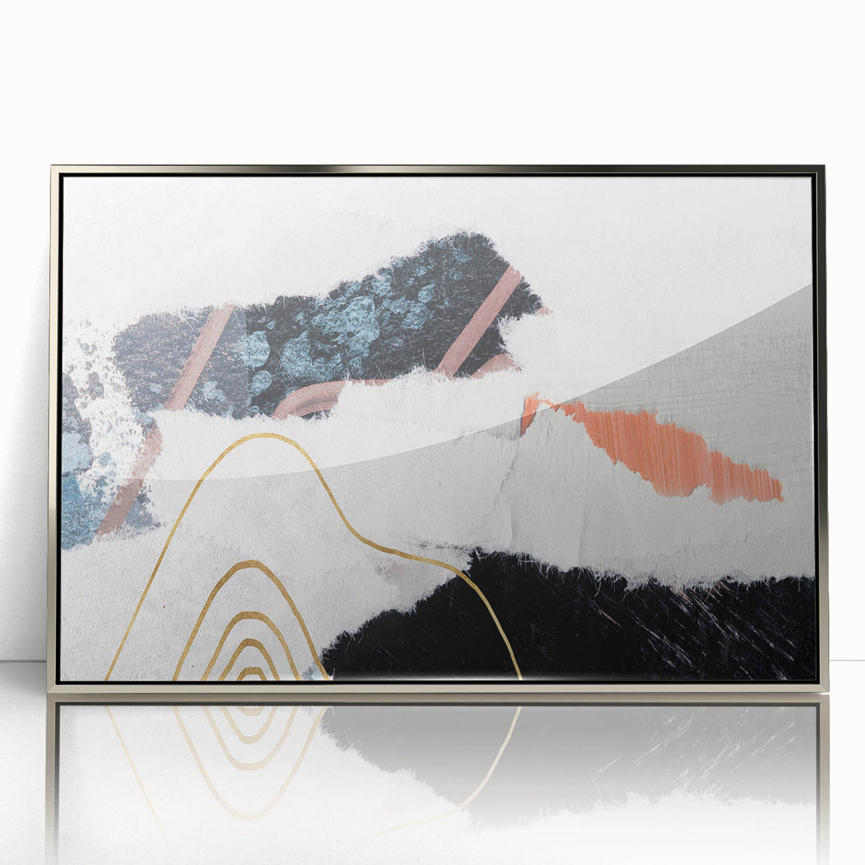 Framed wall art displaying a modern abstract design with silver strokes and lines, perfect for contemporary decor. Ideal for enhancing living spaces or offices.