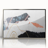 Framed wall art displaying a modern abstract design with silver strokes and lines, perfect for contemporary decor. Ideal for enhancing living spaces or offices.