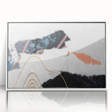 Framed wall art featuring an abstract design of colorful strokes and lines, set against a white background. Perfect for modern home decor, adding a vibrant touch to any room.