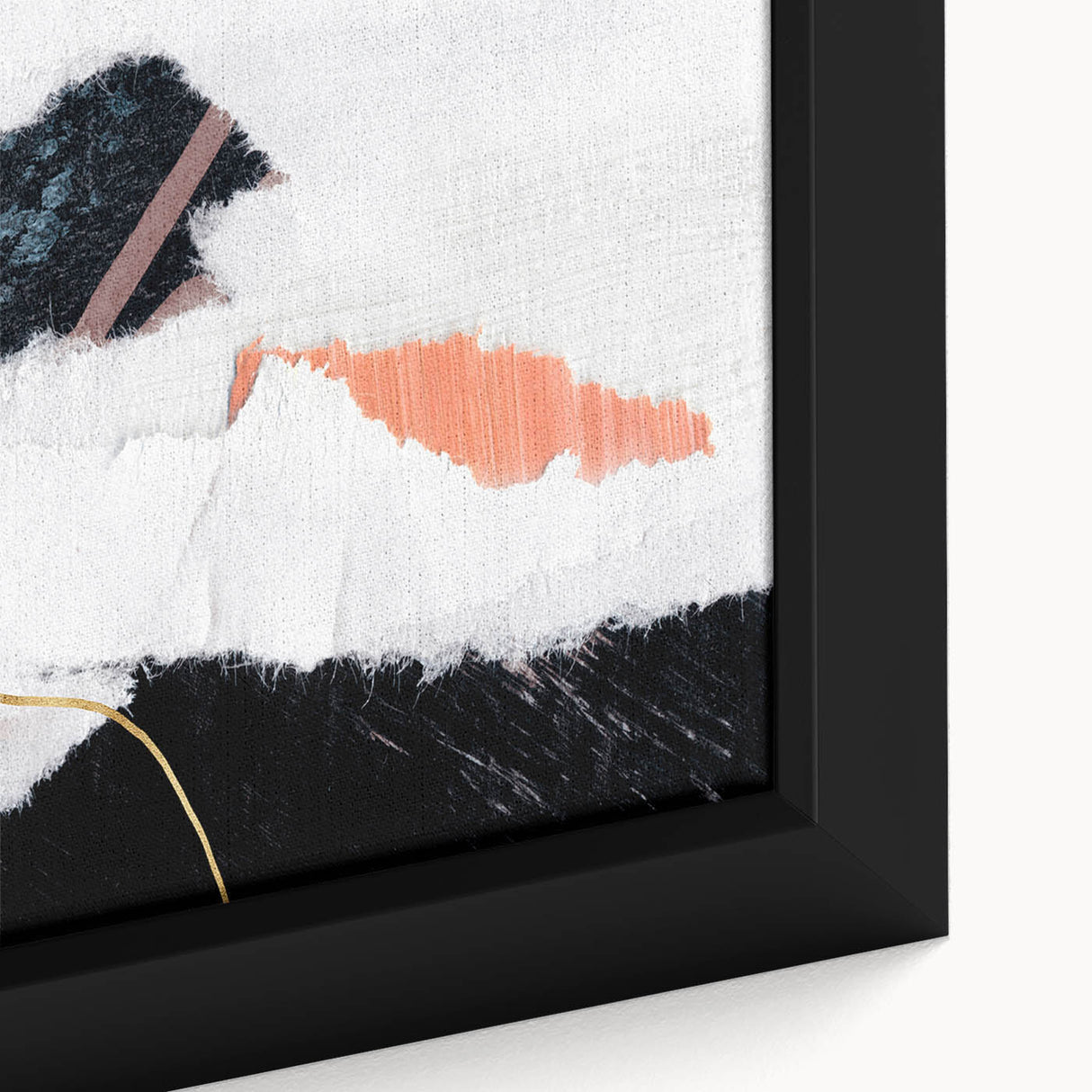 Abstract wall art design showcasing vibrant strokes and lines in shades of blue, orange, and yellow, framed for modern decor enhancement.